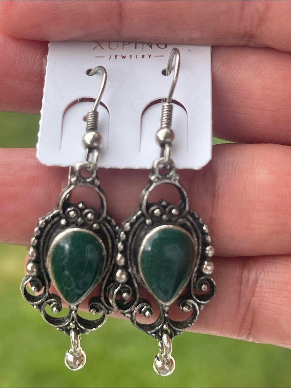 Ping Green Teardrop Filigree Dangle Earrings - Silver Tone